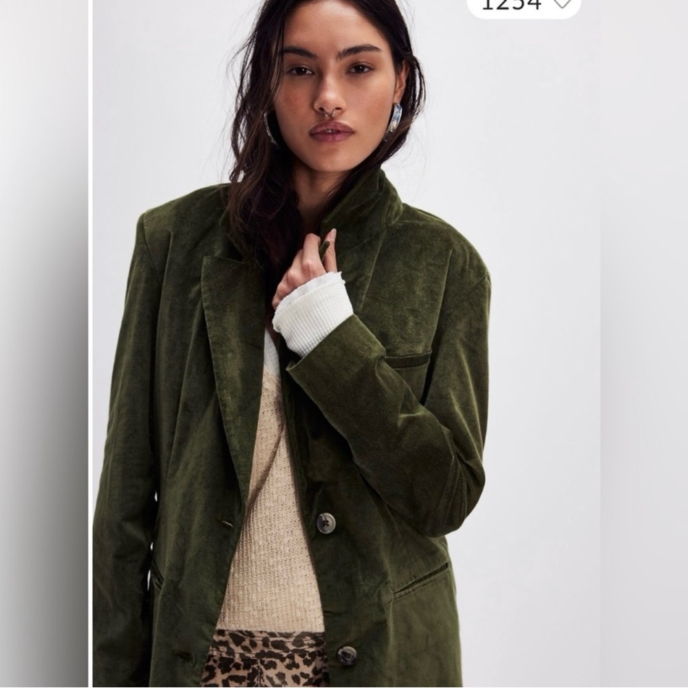 Free People Green Quilted Long Blazer with Stand-Up Collar